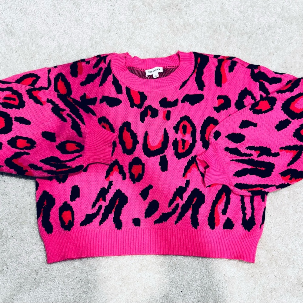 Sugarlips Pink and Black Leopard Print/Animal print Sweater - Picture 2 of 6